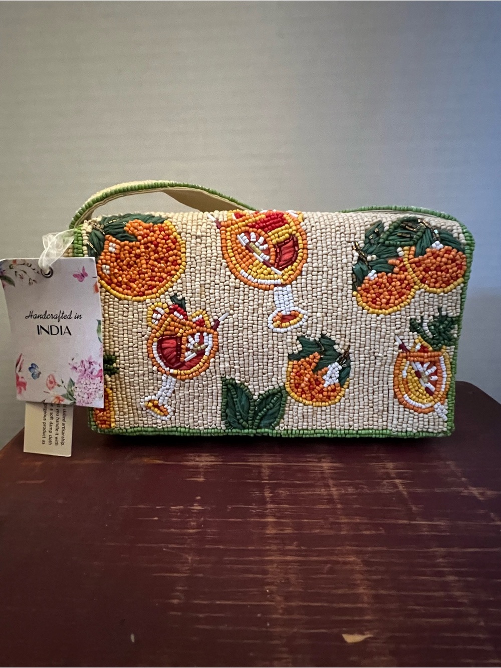 Handcrafted Beaded Citrus Cosmetic Bag - Cream & Orange - Picture 3 of 3